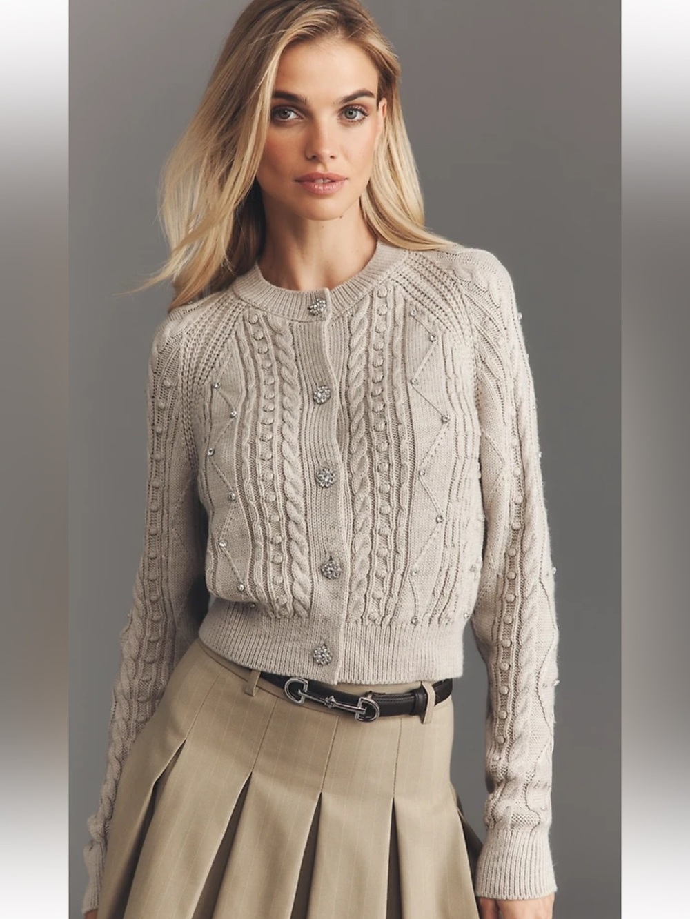 Anthropologie Maeve Gem-Embellished Cable-Knit Cardigan Sweater Size M